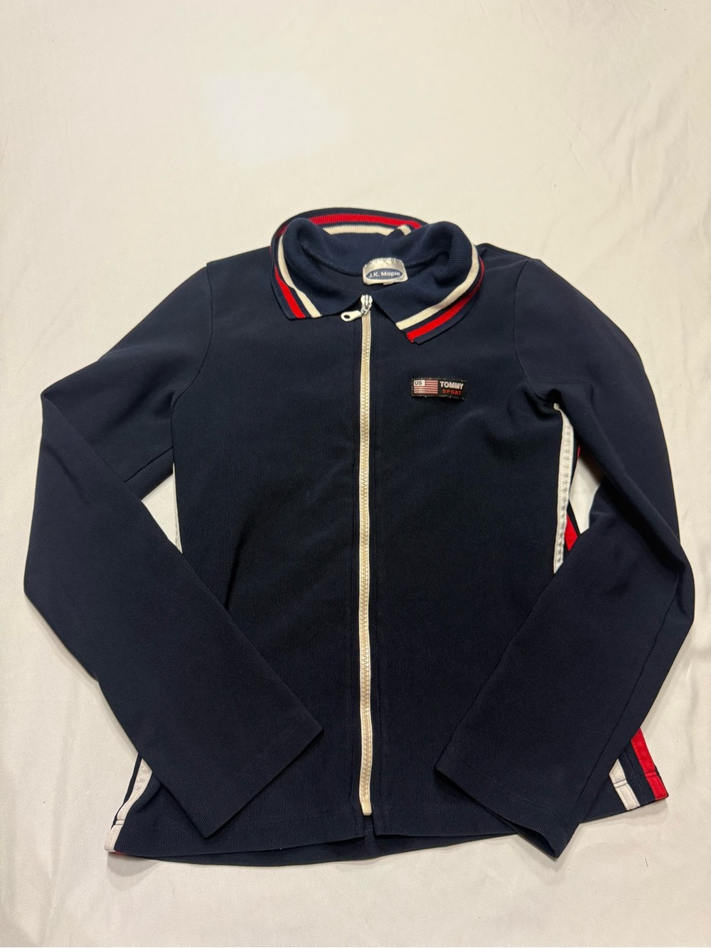 Vintage Tommy Sport Y2K Navy Zip Track Jacket Red White Stripe Ribbed